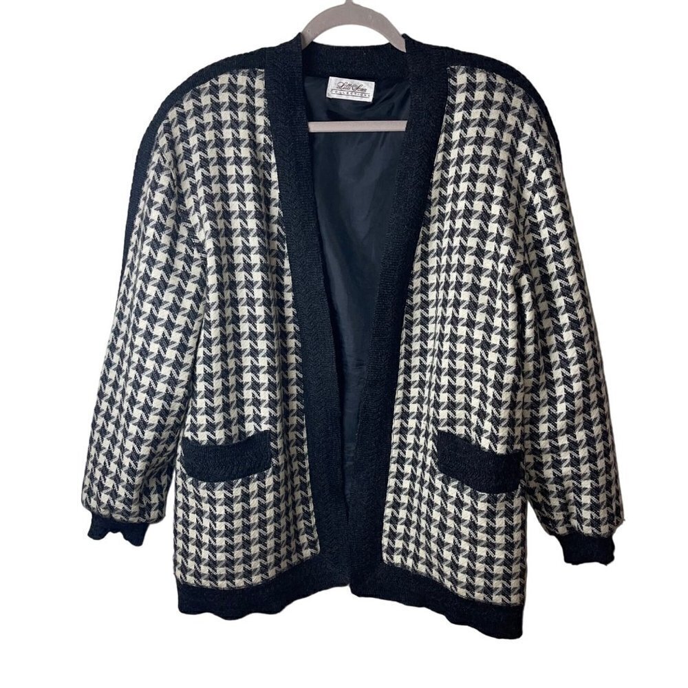 Lilli Ann Vintage Womens Jacket Size Large Black Knit Collections Houndstooth